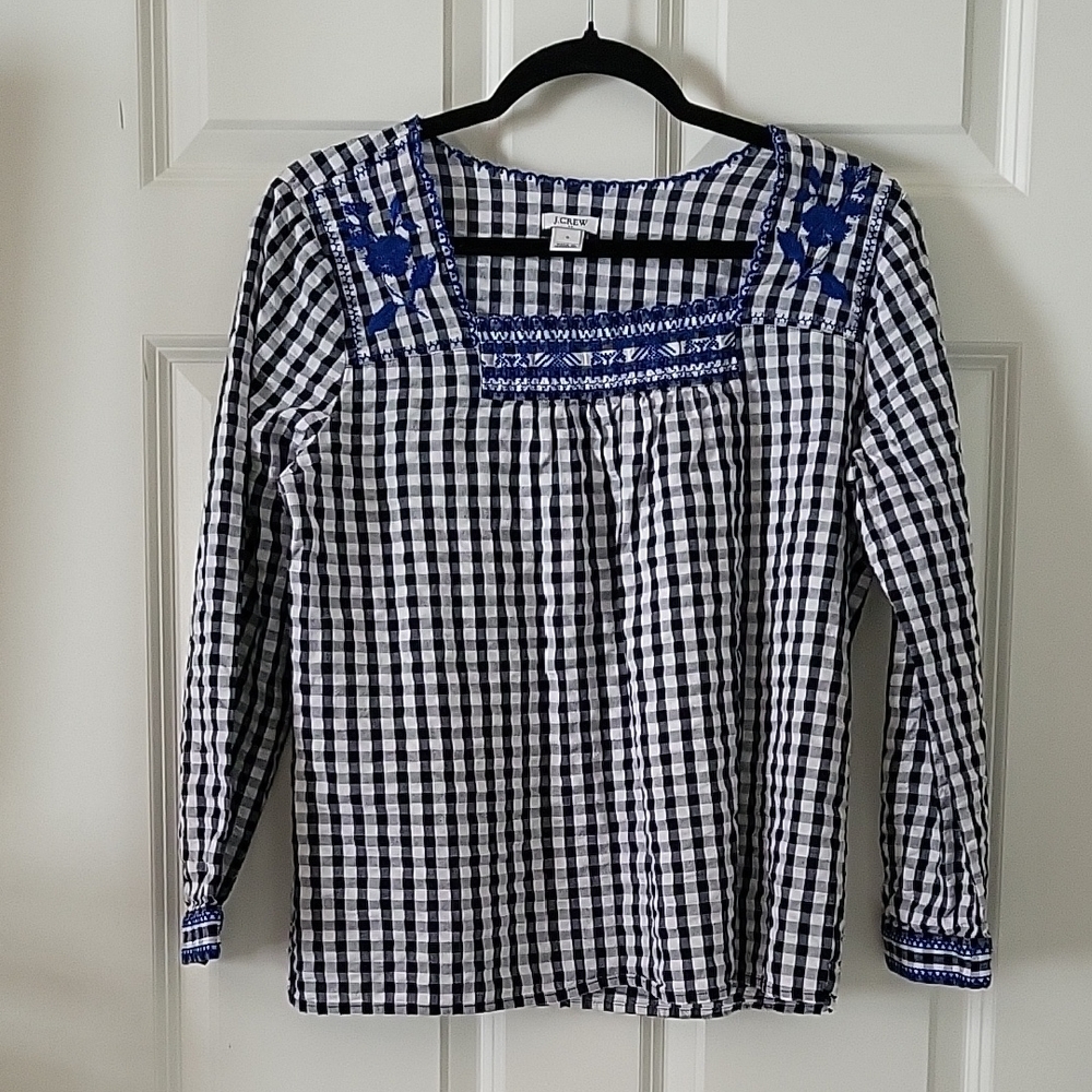 J. Crew Black White Gingham Embroidered Peasant Top Square Neck Womens Small